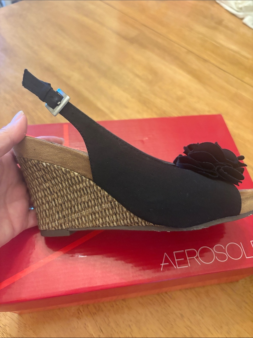 AEROSOLES Black Floral Peep-Toe Wedge Slingback Sandals - Picture 6 of 9